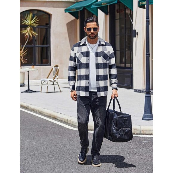 Men's Buffalo Navy Flannel Shirts Casual Button Down Plaid Shirt with Pockets - Picture 3 of 6